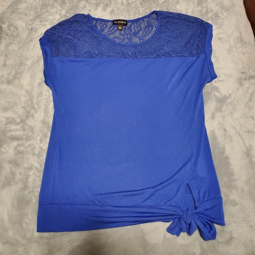 I.N. Studios Blue Lace Inset Side Tie Shirt